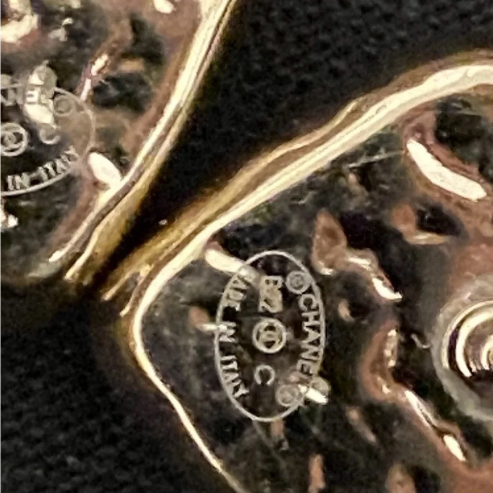 CHANEL Gold Heart Earrings Studs with Black CC Emblem and Paper Insert